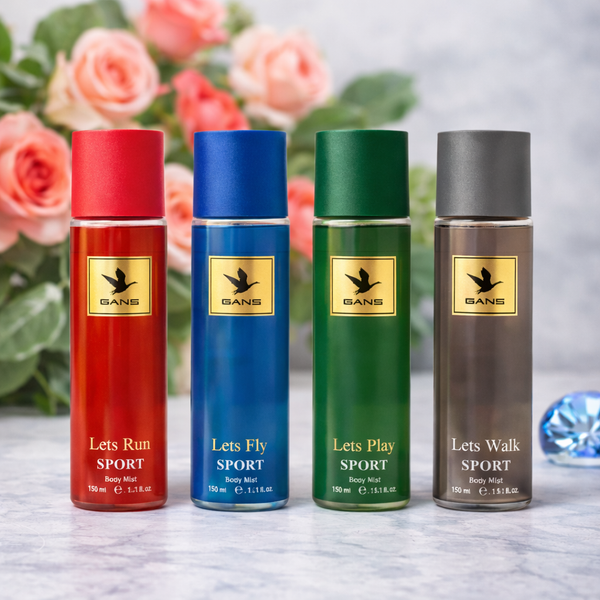GANS Sport Body Mist Combo Pack of 4 (150ml Each) – Lets Run, Lets Fly, Lets Play & Lets Walk | Long Lasting Fresh Deodorant Spray for Men