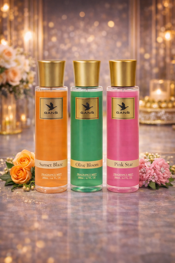 Sunset Blaze, Pink Star & Olive Bloom Body Mist Trio – 200ml each