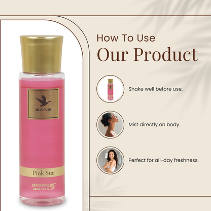 GANS Sunset, Pink Star & First Desire Body Mist Combo – 200ml Each (Combo Pack of 3) | Warm, Floral & Fruity Long-Lasting Fragrance | Paraben-Free | Lightweight Everyday Body Spray | Perfect for Gifting