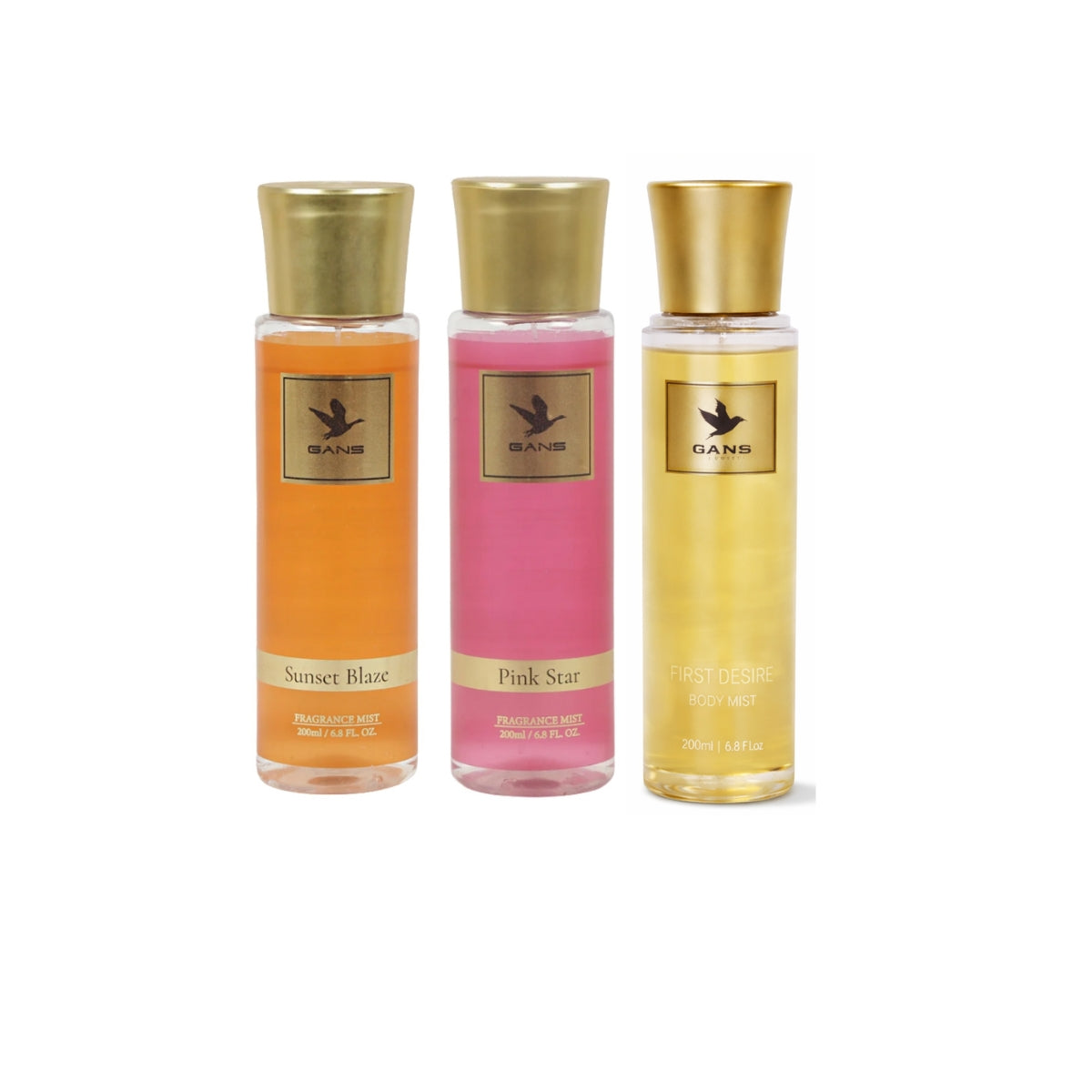 GANS Sunset, Pink Star & First Desire Body Mist Combo – 200ml Each (Combo Pack of 3) | Warm, Floral & Fruity Long-Lasting Fragrance | Paraben-Free | Lightweight Everyday Body Spray | Perfect for Gifting