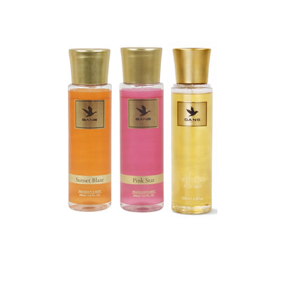 GANS Sunset, Pink Star & First Desire Body Mist Combo – 200ml Each (Combo Pack of 3) | Warm, Floral & Fruity Long-Lasting Fragrance | Paraben-Free | Lightweight Everyday Body Spray | Perfect for Gifting