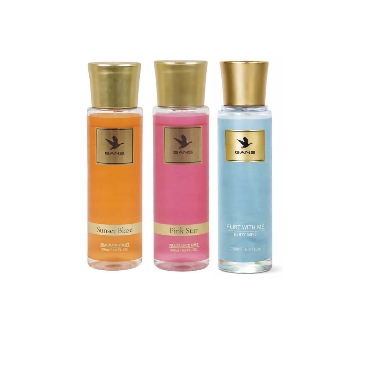 GANS Sunset, Pink Star & Flirt With Me Body Mist Combo – 200ml Each (Pack of 3) | Warm, Floral & Playful Long-Lasting Fragrance | Paraben-Free | Lightweight Everyday Body Spray | Perfect for Gifting