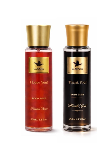 GANS I Love You & Thank You Body Mist Combo – 250ml Each (Combo Pack of 2) | Soft, Sweet & Refreshing Long-Lasting Fragrance | Paraben-Free | Lightweight Everyday Body Spray | Perfect for Gifting