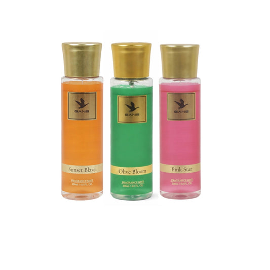 GANS Sunset, Pink Star & Olive Bloom Body Mist Combo – 200ml Each (Combo Pack of 3) | Warm, Floral & Fresh Long-Lasting Fragrance | Paraben-Free | Lightweight Everyday Body Spray | Perfect for Gifting