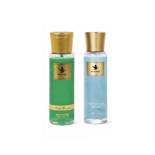 GANS Olive Bloom & Flirt With Me Body Mist Combo – 200ml Each (Combo Pack of 2) | Fresh, Floral & Playful Long-Lasting Fragrance | Paraben-Free | Lightweight Everyday Body Spray | Perfect for Gifting