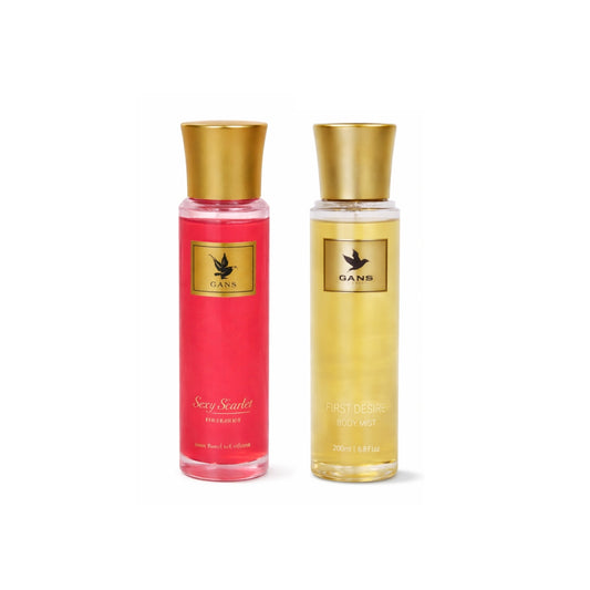 GANS Sexy Scarlet & First Desire Body Mist Combo – 200ml Each (Combo Pack of 2) | Bold, Warm & Fruity Long-Lasting Fragrance | Paraben-Free | Lightweight Everyday Body Spray | Perfect for Gifting