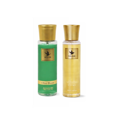 GANS Olive Bloom & First Desire Body Mist Combo – 200ml Each (Combo Pack of 2) | Fresh, Floral & Fruity Long-Lasting Fragrance | Paraben-Free | Lightweight Everyday Body Spray | Perfect for Gifting