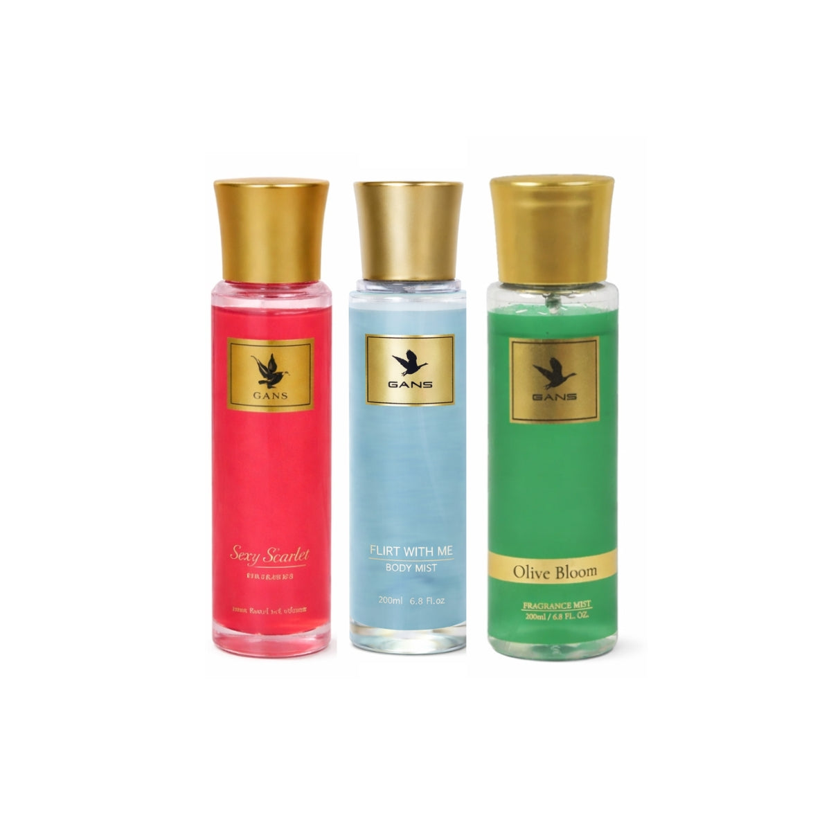GANS Sexy Scarlet, Flirt With Me & Olive Bloom Body Mist Combo – 200ml Each (Combo Pack of 3) | Bold, Playful & Fresh Long-Lasting Fragrance | Paraben-Free | Lightweight Everyday Body Spray | Perfect for Gifting