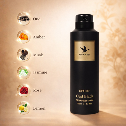 GANS Pearl White & Oud Black Deodorant Spray Combo Pack for Men (200ml Each) | Long-Lasting Freshness | Citrus Floral & Woody + Woody Oud Fragrance | Non-Sticky Luxury Body Spray