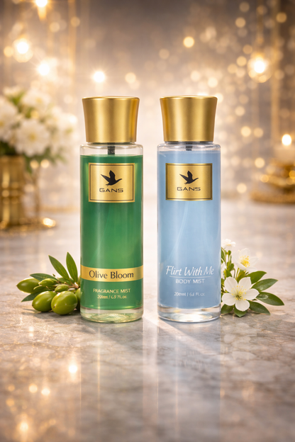 GANS Olive Bloom & Flirt With Me Body Mist Combo – 200ml Each (Combo Pack of 2) | Fresh, Floral & Playful Long-Lasting Fragrance | Paraben-Free | Lightweight Everyday Body Spray | Perfect for Gifting