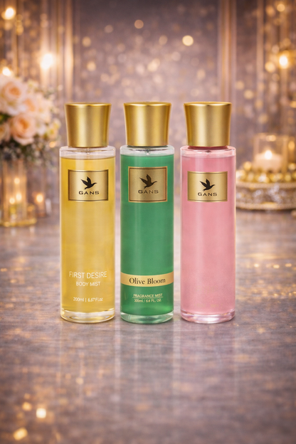 GANS Pink Blush, First Desire & Olive Bloom Body Mist Combo – 200ml Each (Combo Pack of 3) | Floral, Fruity & Fresh Long-Lasting Fragrance | Paraben-Free | Lightweight Everyday Body Spray | Perfect for Gifting