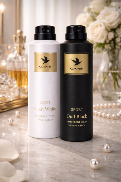 GANS Pearl White & Oud Black Deodorant Spray Combo Pack for Men (200ml Each) | Long-Lasting Freshness | Citrus Floral & Woody + Woody Oud Fragrance | Non-Sticky Luxury Body Spray