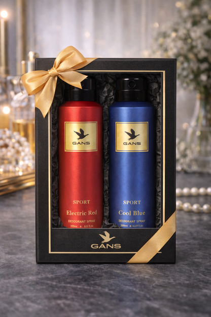 GANS Cool Blue & Electric Red Deodorant Spray Combo Pack for Men (200ml Each) | Long-Lasting Freshness | Aquatic Herbal + Sporty Citrus Oud Fragrance | Non-Sticky Body Spray