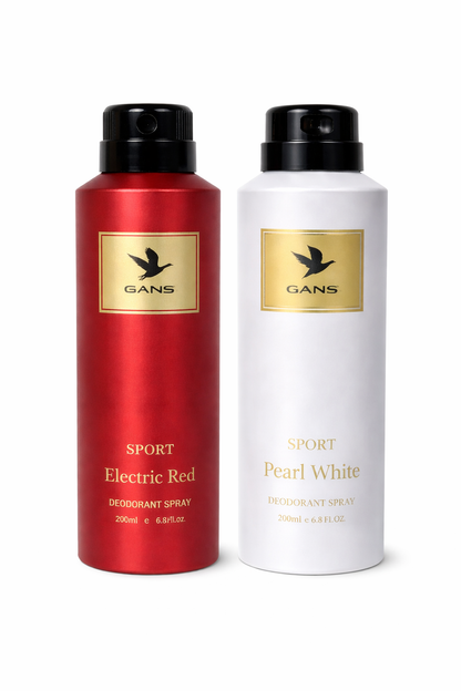 GANS Pearl White & Electric Red Deodorant Spray Combo Pack for Men (200ml Each) | Long-Lasting Freshness | Citrus Floral & Sporty Citrus Oud Fragrance | Non-Sticky Body Spray