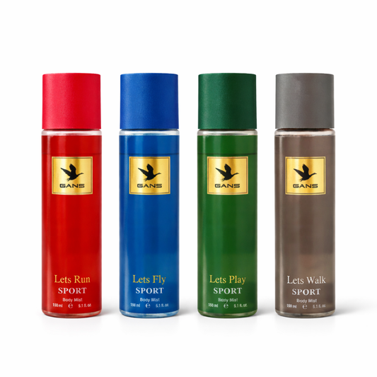 GANS Sport Body Mist Combo Pack of 4 (150ml Each) – Lets Run, Lets Fly, Lets Play & Lets Walk | Long Lasting Fresh Deodorant Spray for Men