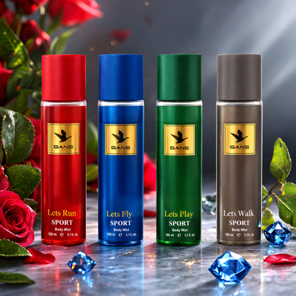 GANS Sport Body Mist Combo Pack of 4 (150ml Each) – Lets Run, Lets Fly, Lets Play & Lets Walk | Long Lasting Fresh Deodorant Spray for Men