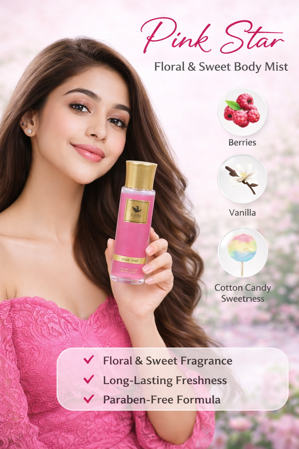 GANS Sunset, Pink Star & First Desire Body Mist Combo – 200ml Each (Combo Pack of 3) | Warm, Floral & Fruity Long-Lasting Fragrance | Paraben-Free | Lightweight Everyday Body Spray | Perfect for Gifting