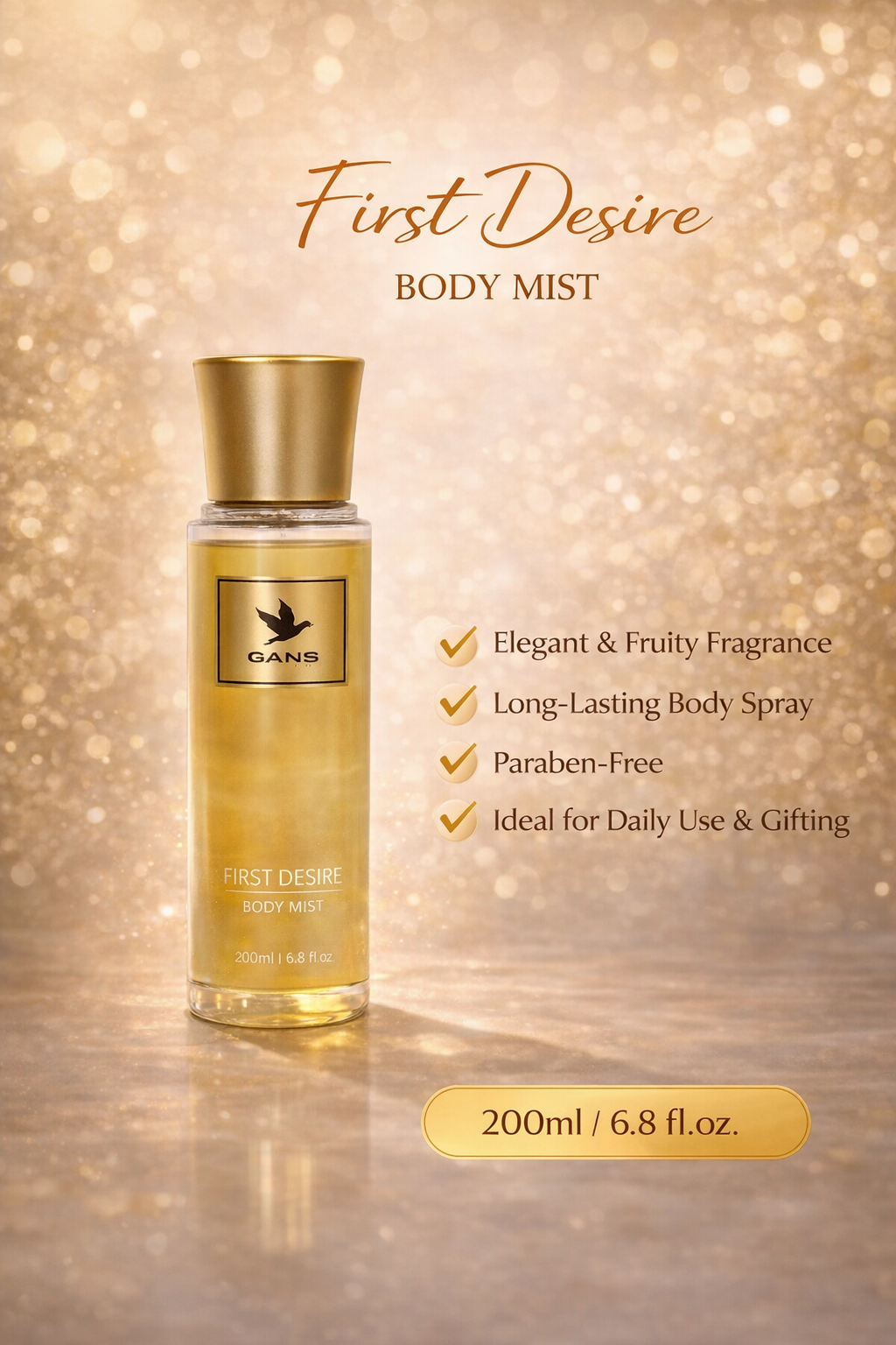 GANS Sunset, Pink Star & First Desire Body Mist Combo – 200ml Each (Combo Pack of 3) | Warm, Floral & Fruity Long-Lasting Fragrance | Paraben-Free | Lightweight Everyday Body Spray | Perfect for Gifting