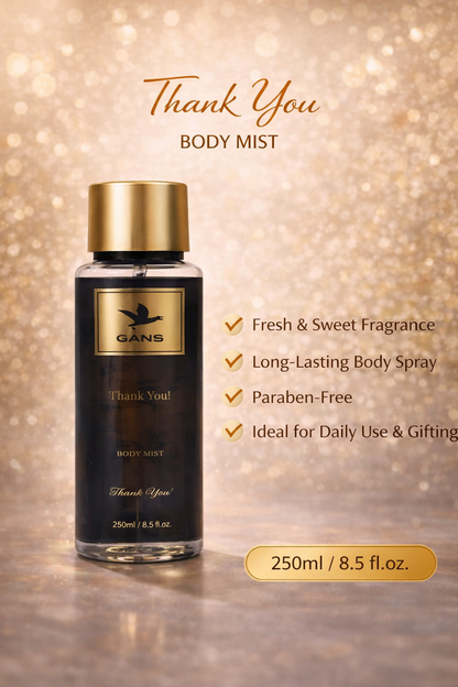 GANS Thank You Body Mist for Women – 250ml Each (Combo Pack of 2) | Fresh & Sweet Long-Lasting Fragrance | Paraben-Free | Lightweight Everyday Body Spray | Perfect for Gifting
