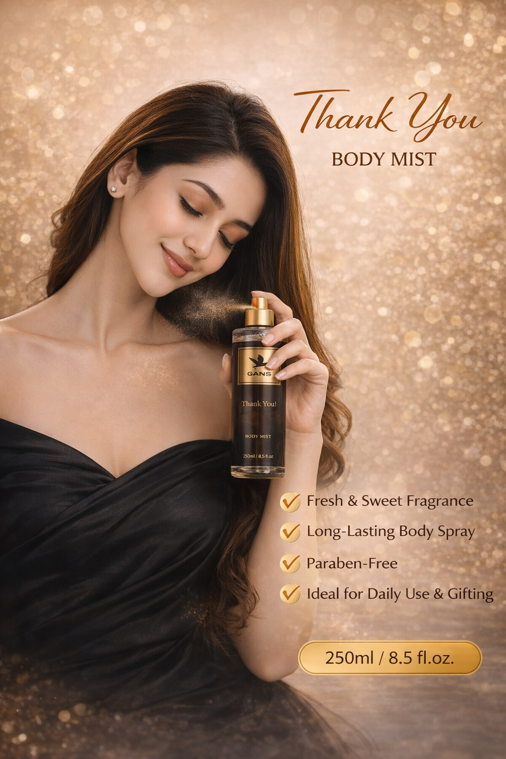 GANS Thank You Body Mist for Women – 250ml Each (Combo Pack of 2) | Fresh & Sweet Long-Lasting Fragrance | Paraben-Free | Lightweight Everyday Body Spray | Perfect for Gifting