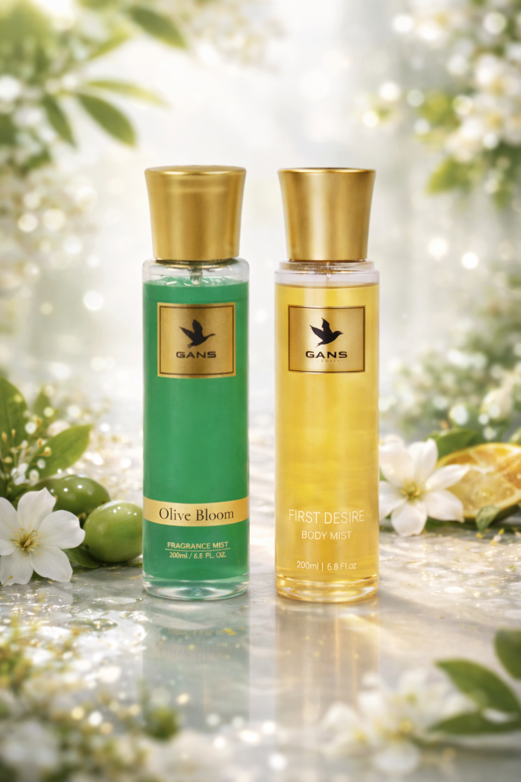 GANS Olive Bloom & First Desire Body Mist Combo – 200ml Each (Combo Pack of 2) | Fresh, Floral & Fruity Long-Lasting Fragrance | Paraben-Free | Lightweight Everyday Body Spray | Perfect for Gifting