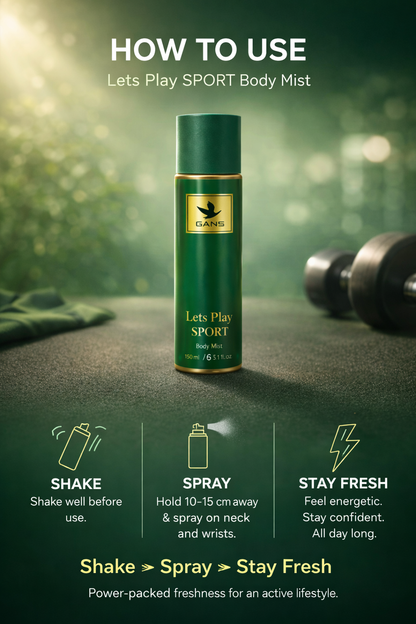 GANS Sports Body Mist Let’s Play – 150ml Each (Combo Pack of 2) | Energetic, Refreshing & Long-Lasting Fragrance | Lightweight Everyday Body Spray | Perfect for Gifting | Unisex