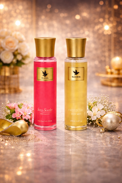 GANS Sexy Scarlet & First Desire Body Mist Combo – 200ml Each (Combo Pack of 2) | Bold, Warm & Fruity Long-Lasting Fragrance | Paraben-Free | Lightweight Everyday Body Spray | Perfect for Gifting