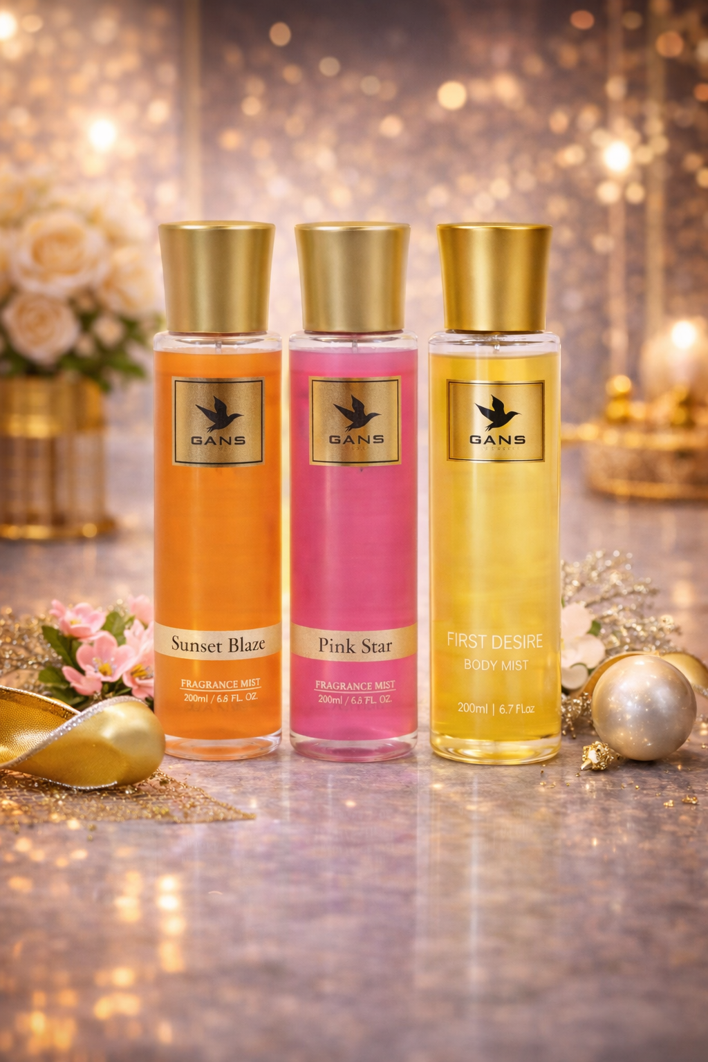 GANS Sunset, Pink Star & First Desire Body Mist Combo – 200ml Each (Combo Pack of 3) | Warm, Floral & Fruity Long-Lasting Fragrance | Paraben-Free | Lightweight Everyday Body Spray | Perfect for Gifting