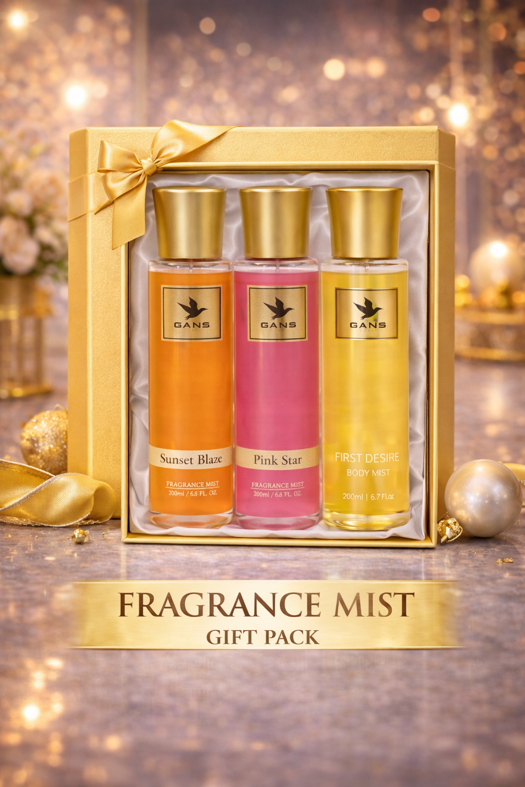 GANS Sunset, Pink Star & First Desire Body Mist Combo – 200ml Each (Combo Pack of 3) | Warm, Floral & Fruity Long-Lasting Fragrance | Paraben-Free | Lightweight Everyday Body Spray | Perfect for Gifting