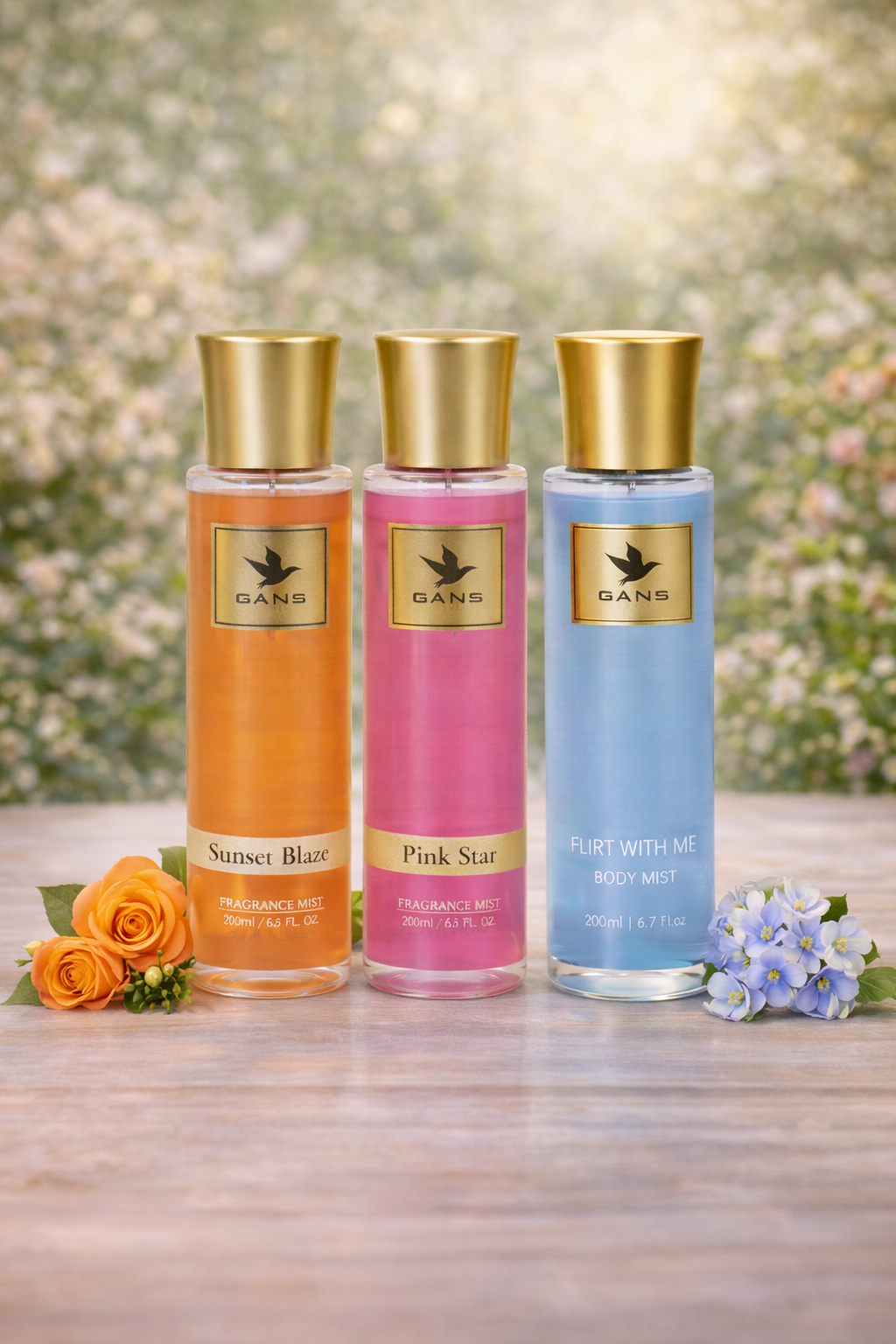 GANS Sunset, Pink Star & Flirt With Me Body Mist Combo – 200ml Each (Pack of 3) | Warm, Floral & Playful Long-Lasting Fragrance | Paraben-Free | Lightweight Everyday Body Spray | Perfect for Gifting