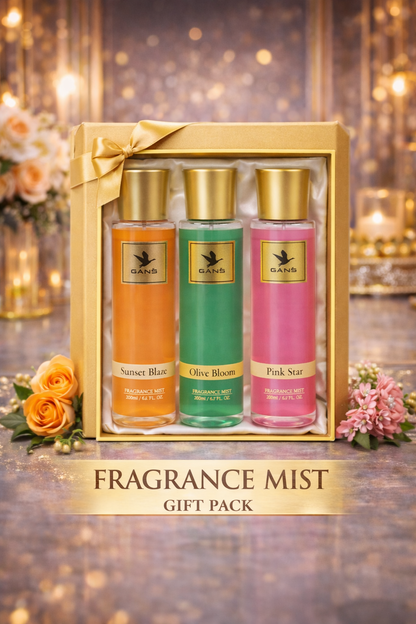GANS Sunset, Pink Star & Olive Bloom Body Mist Combo – 200ml Each (Combo Pack of 3) | Warm, Floral & Fresh Long-Lasting Fragrance | Paraben-Free | Lightweight Everyday Body Spray | Perfect for Gifting