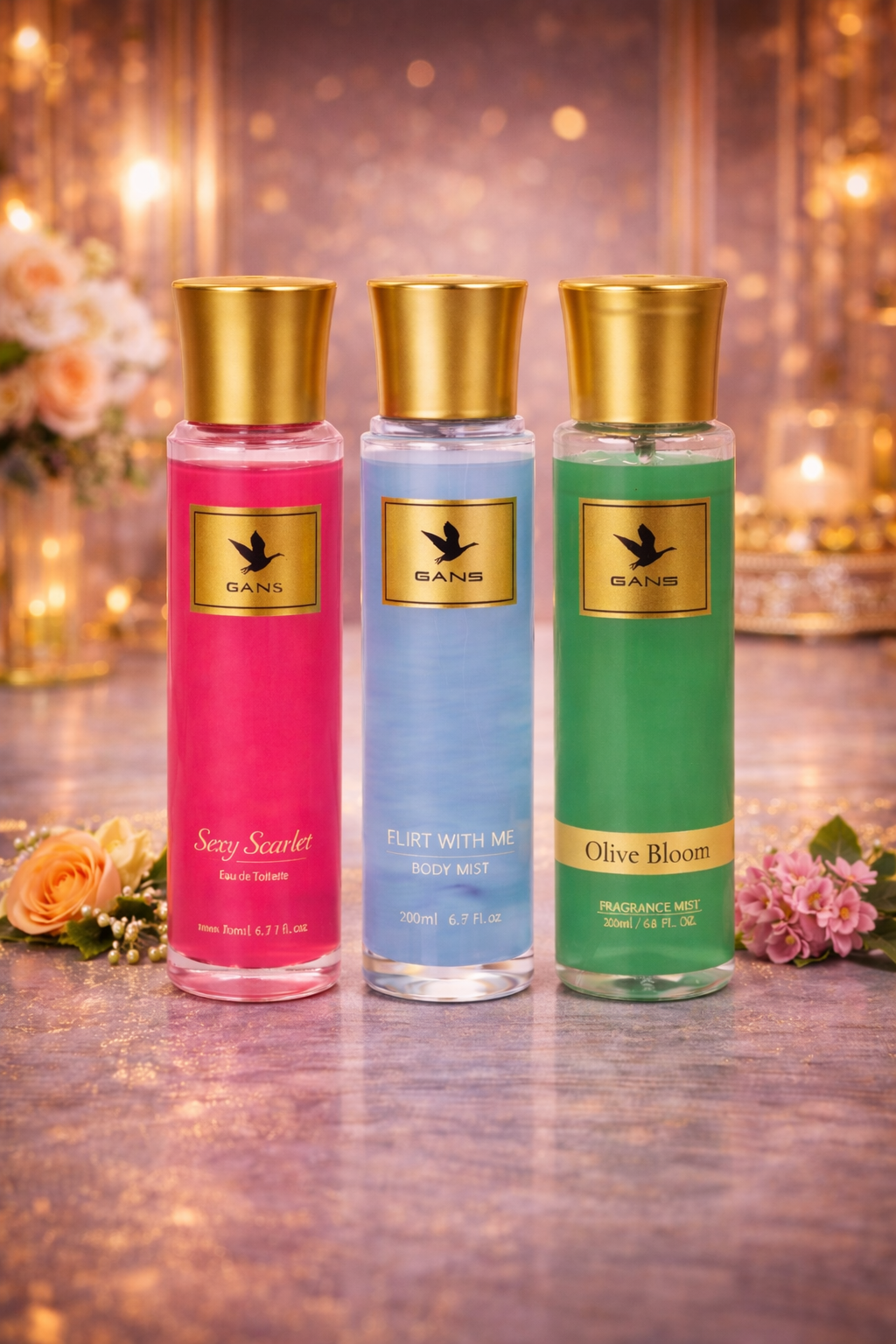 GANS Sexy Scarlet, Flirt With Me & Olive Bloom Body Mist Combo – 200ml Each (Combo Pack of 3) | Bold, Playful & Fresh Long-Lasting Fragrance | Paraben-Free | Lightweight Everyday Body Spray | Perfect for Gifting