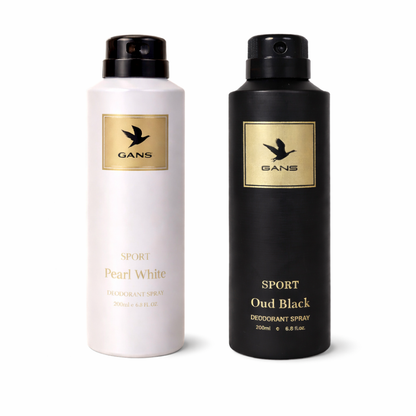 GANS Pearl White & Oud Black Deodorant Spray Combo Pack for Men (200ml Each) | Long-Lasting Freshness | Citrus Floral & Woody + Woody Oud Fragrance | Non-Sticky Luxury Body Spray