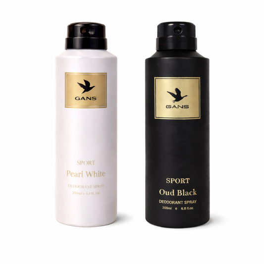 GANS Pearl White & Oud Black Deodorant Spray Combo Pack for Men (200ml Each) | Long-Lasting Freshness | Citrus Floral & Woody + Woody Oud Fragrance | Non-Sticky Luxury Body Spray