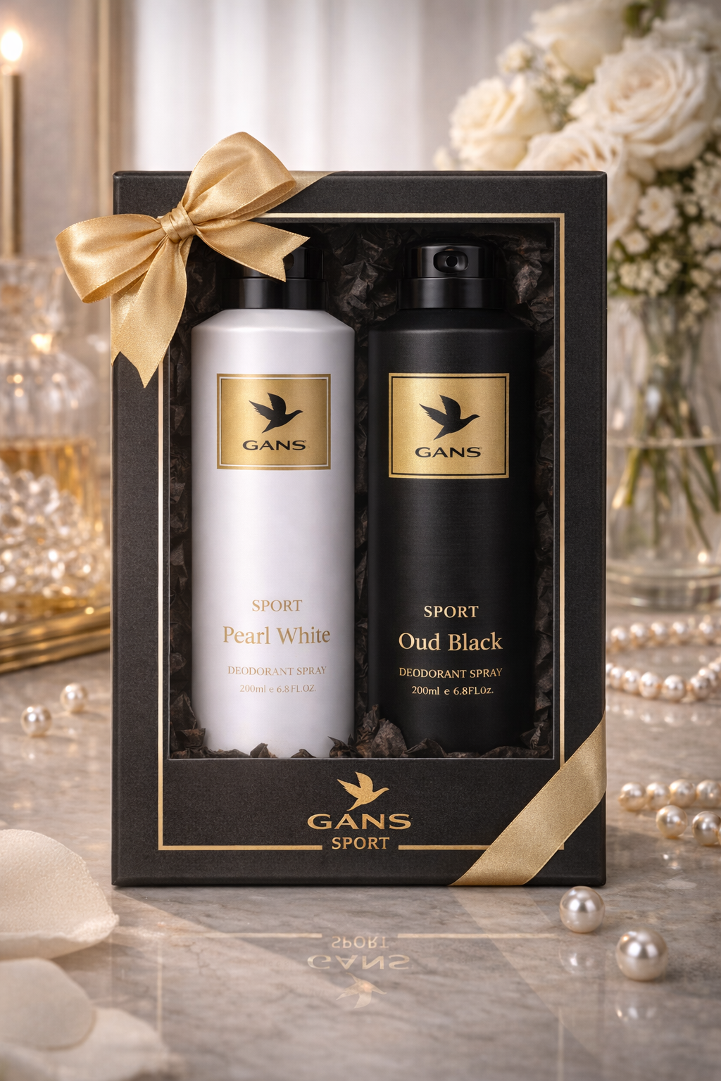 GANS Pearl White & Oud Black Deodorant Spray Combo Pack for Men (200ml Each) | Long-Lasting Freshness | Citrus Floral & Woody + Woody Oud Fragrance | Non-Sticky Luxury Body Spray