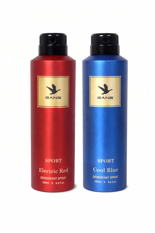 GANS Cool Blue & Electric Red Deodorant Spray Combo Pack for Men (200ml Each) | Long-Lasting Freshness | Aquatic Herbal + Sporty Citrus Oud Fragrance | Non-Sticky Body Spray