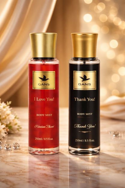 GANS I Love You & Thank You Body Mist Combo – 250ml Each (Combo Pack of 2) | Soft, Sweet & Refreshing Long-Lasting Fragrance | Paraben-Free | Lightweight Everyday Body Spray | Perfect for Gifting