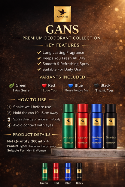GANS Premium Deodorant Spray Combo Pack of 4 (200ml Each) | Long Lasting Freshness | Body Spray for Men & Women