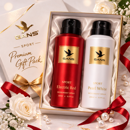GANS Pearl White & Electric Red Deodorant Spray Combo Pack for Men (200ml Each) | Long-Lasting Freshness | Citrus Floral & Sporty Citrus Oud Fragrance | Non-Sticky Body Spray