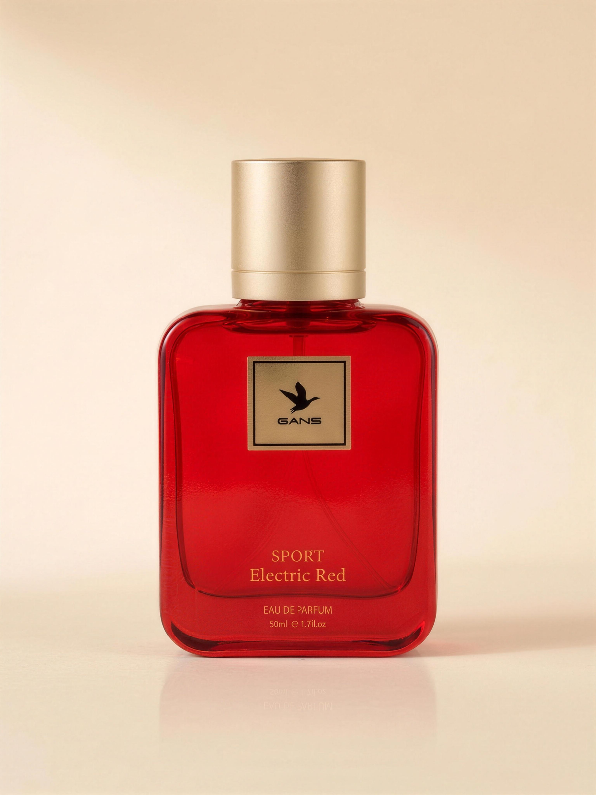 GANS Electric Red Eau de Parfum 50ml packshot on cream (SPORT, text verified)